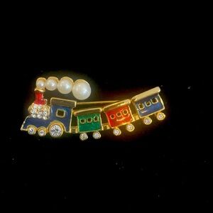Festive Train Pin with Rhinestones and Faux Pearls